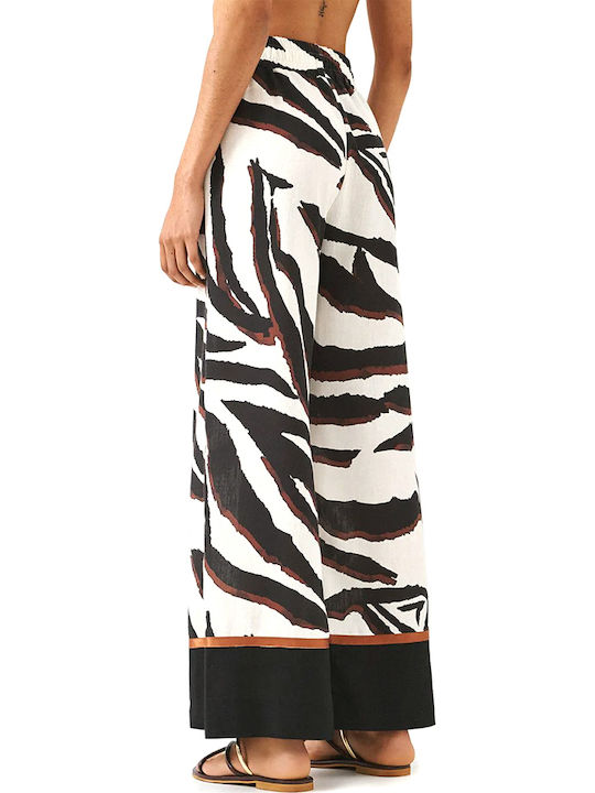 Access Women's High Rise Fabric Trousers with Elastic Waist in Straight Leg Leopard Ecru-Brown-Black Access Women's High Rise Fabric Trousers with Elastic Waist in Straight Leg Leopard Ecru-Brown-Black