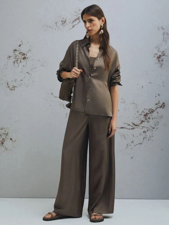 Women's Fabric Trousers in Straight Leg Style Brown