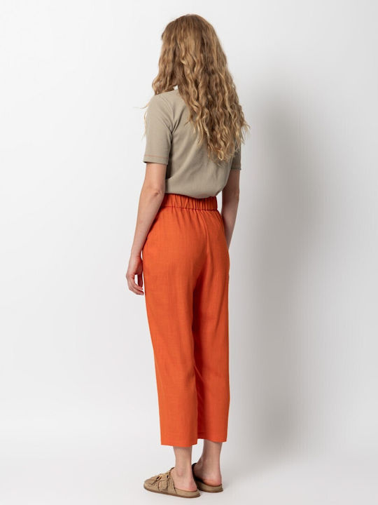 Women's Linen Capri Trousers with Rubber Band Orange 55-04-029A-3