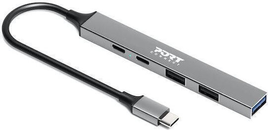 Port Designs USB-Hub 4 Anschlüsse USB 3.0 mit USB-C Verbindung Grau
