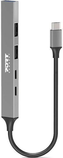 Port Designs USB-Hub 4 Anschlüsse USB 3.0 mit USB-C Verbindung Grau