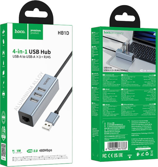 Hoco HB1D Hub USB 3 Porturi USB 2.0 cu Conectare USB-A Ethernet Gri