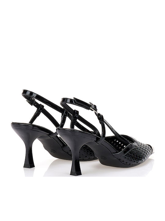 Spitze Zehe Pumps aus Lackleder mit Mittlerem Absatz Schwarz