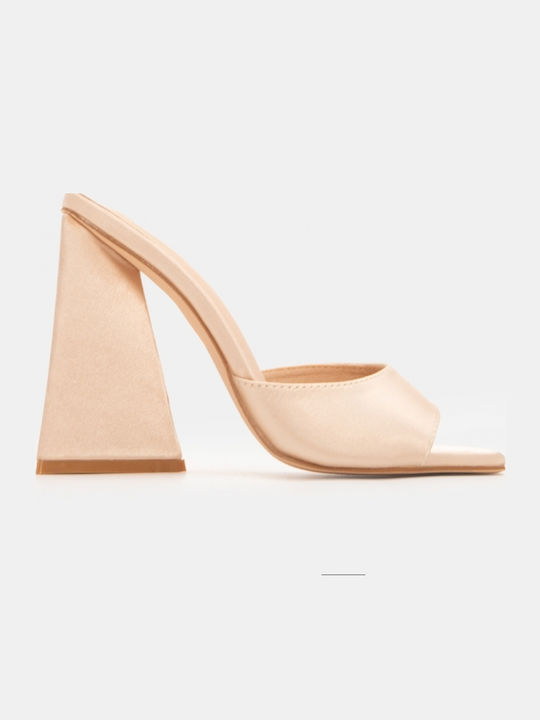 Satin Mules with Chunky High Heel in Beige Colour