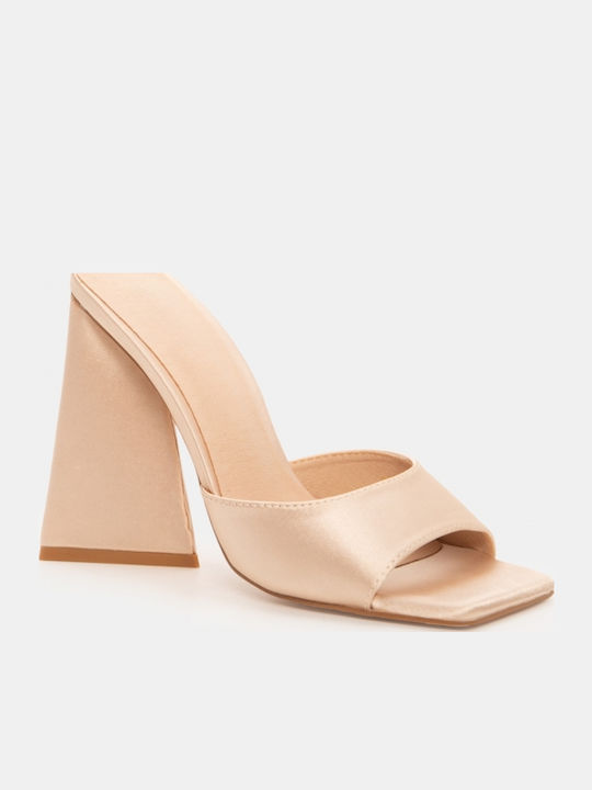 Satin Mules with Chunky High Heel in Beige Colour