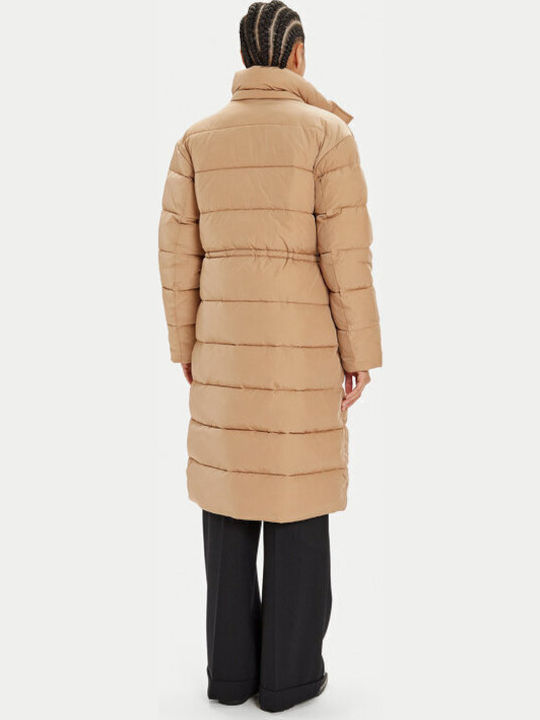 Μακρύ Γυναικείο Puffer Μπουφάν για Χειμώνα Beige