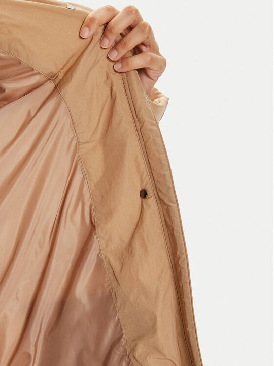 Μακρύ Γυναικείο Puffer Μπουφάν για Χειμώνα Beige