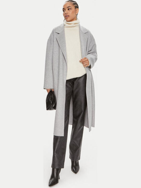 Μάλλινο Γυναικείο Παλτό Gray Oversized με Ζώνη