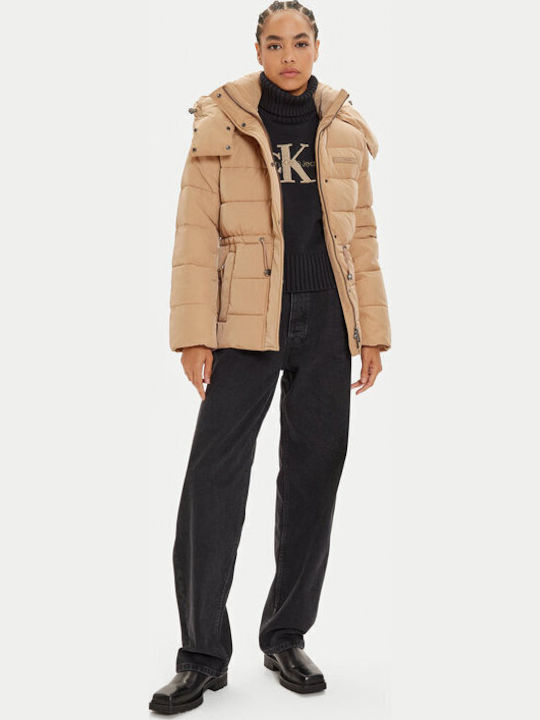Μακρύ Γυναικείο Puffer Μπουφάν για Χειμώνα Beige
