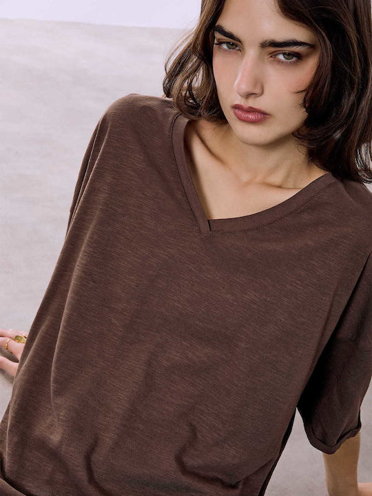 Celestino Women's Blouse Turned Sleeve Loose Fit Brown