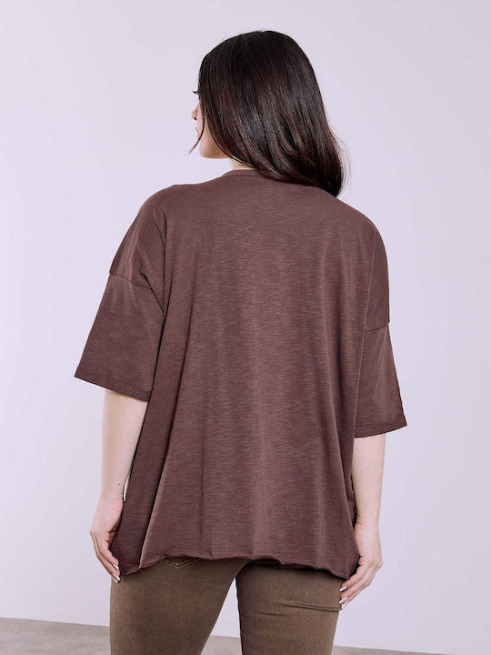 Celestino Women's Blouse Turned Sleeve Loose Fit Brown