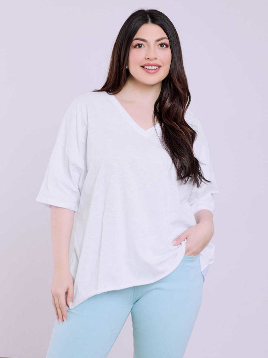 Celestino Women's Blouse Turned Sleeve Loose Fit White