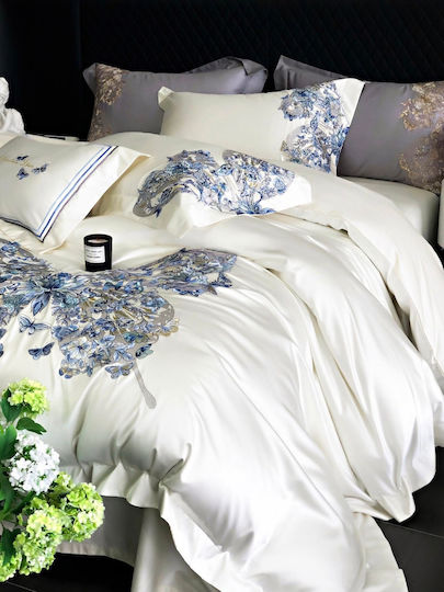 4 Seasons Collection Duvet Cover Set Super King 220x240cm 3D Embroidery 2 Pillowcases & 1 Bed Sheet Ivory