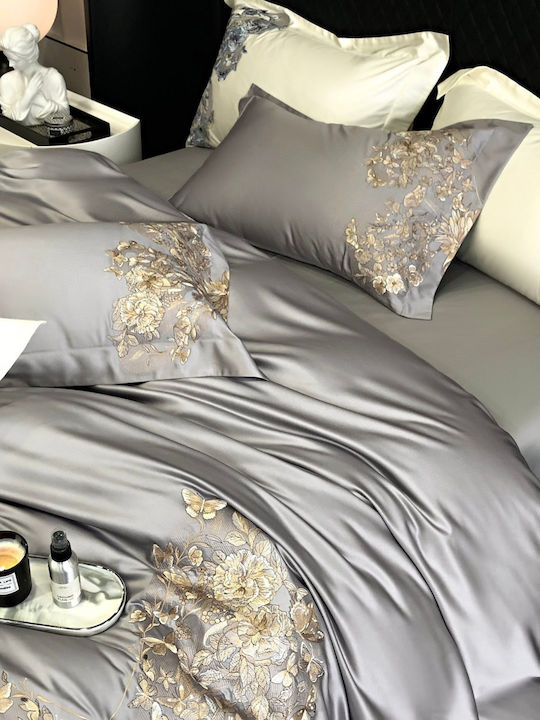 4 Seasons Collection Duvet Cover Set Super King 220x240cm 3D Embroidery 2 Pillowcases & 1 Bed Sheet Gray