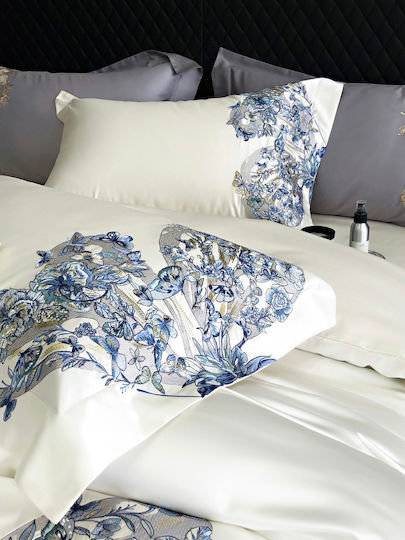 4 Seasons Collection Duvet Cover Set Super King 220x240cm 3D Embroidery 2 Pillowcases & 1 Bed Sheet Ivory