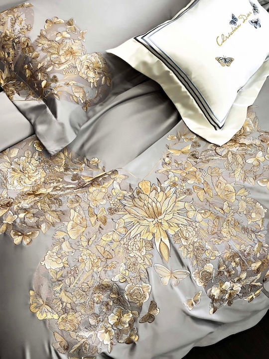 4 Seasons Collection Duvet Cover Set Super King 220x240cm 3D Embroidery 2 Pillowcases & 1 Bed Sheet Gray