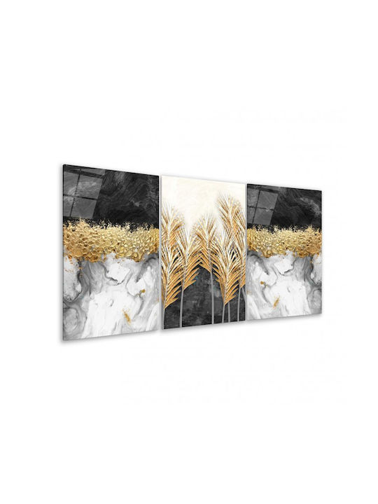 Threefold Glass Set With Marble Background and Gray Flowers (60x90cm)