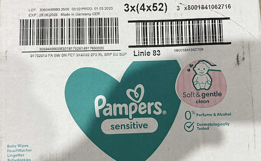 Pampers Sensitive Hypoallergenic Baby Wipes Fragrance Free Alcohol Free Parabens Free 12x52pcs