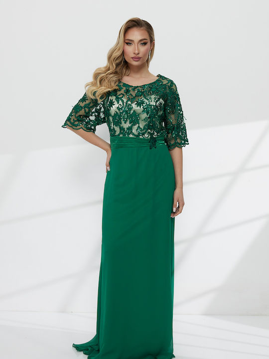 Maxi Dress for Wedding - Christening with Lace Green