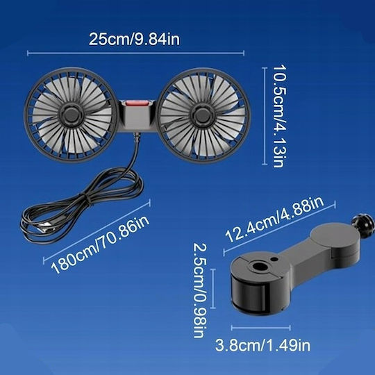 Ventilator Auto Dublu Rotire 360° 10w 5 12 24 V Alimentare Usb Cablu 180 Cm Pp 25 X 10.5 Cm Negru