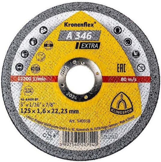 Disc De Tăiere Din Oțel Inoxidabil Pentru Metal Klingspor A 346 Extra 125 X 1.6 X 22.23 Mm Ext 340938