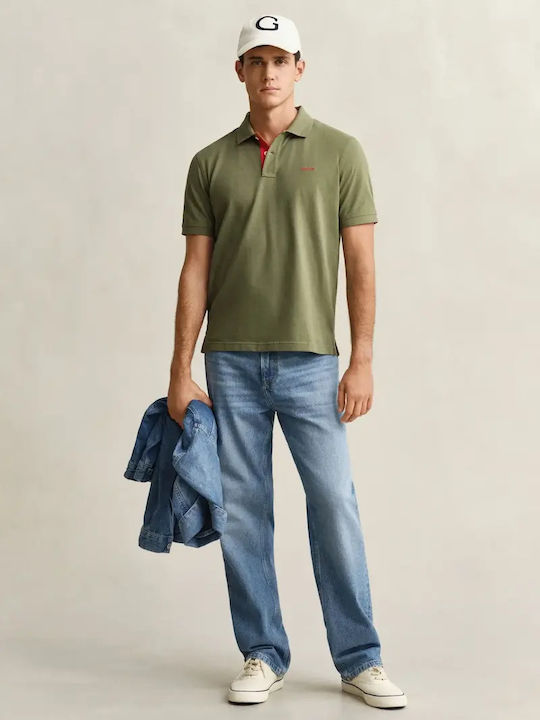 Contrast Pique Polo Short Sleeve Green Blouse