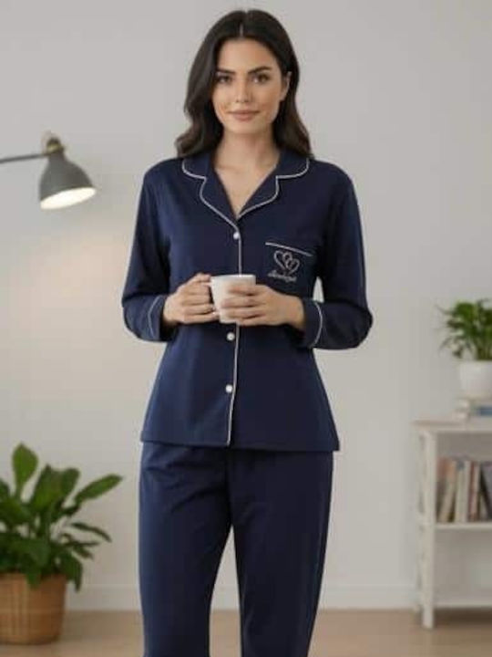 Winter Damen Schlafanzug Set Blau
