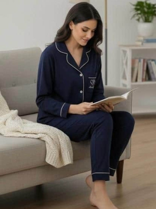 Winter Damen Schlafanzug Set Blau