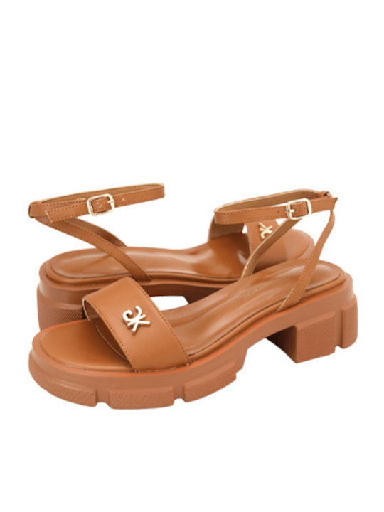 Leather Women's Flat Sandals Tabac Brown