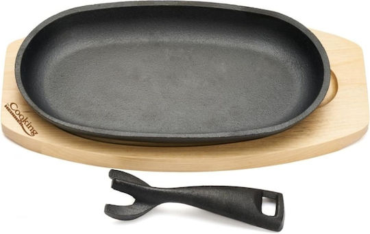 Platou Oval De Servire Din Fontă 24x14 Cm Cu Mâner Detasabil Suport Din Lemn Heinner Dcn65356