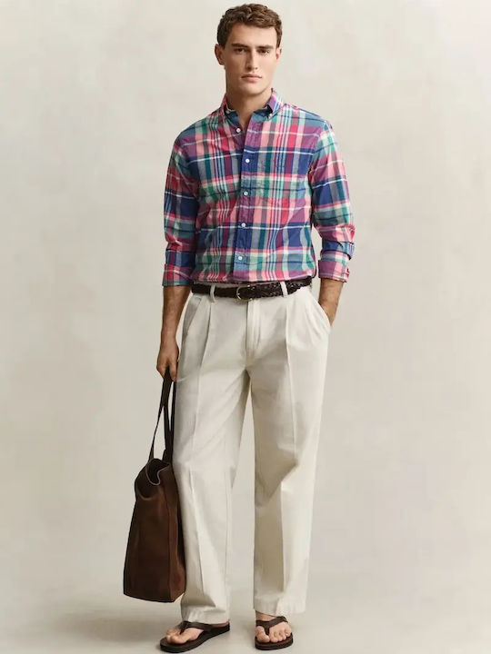 Long Sleeve Cotton Shirt in Regular Fit Checked Red