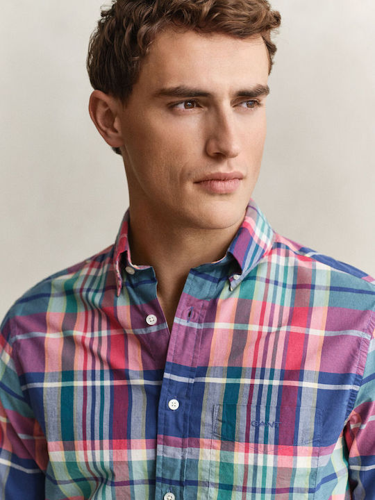 Long Sleeve Cotton Shirt in Regular Fit Checked Red