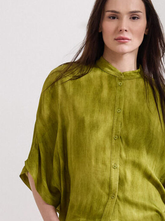 Long Sleeve Women's Satin Shirt Olive