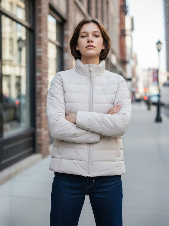 Short Women's Puffer Jacket Waterproof for Winter Ecru