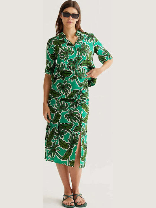 High Waist Midi Skirt Floral Green