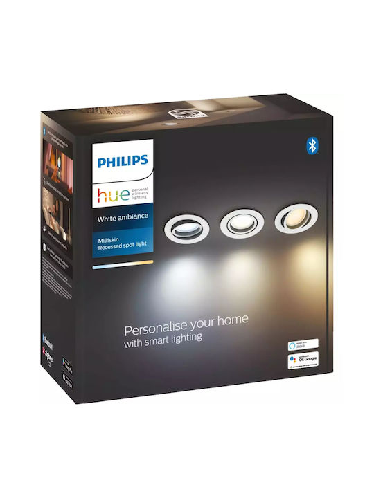 Philips Milliskin Στρογγυλό Χωνευτό Σποτ με Ντουί GU10 Λευκό 3τμχ