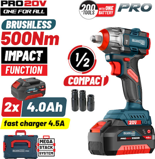 Bormann Pro BBP5422X44CA Brushless Impact Wrench Battery 20V 2x4Ah with Socket 1/2"