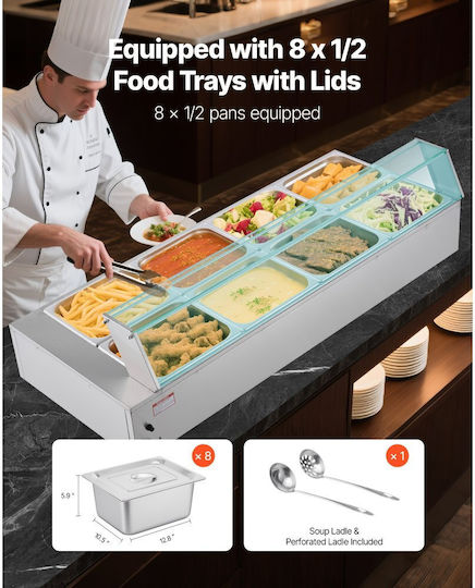 Vevor Commercial Food Warmer Electric Food Warmer Steam Stainless Steel 1700w Glass Cover Tabletop Bain Marie Buffet 8 Pans Soup Ladles & Slotted Catering Restaurant & Party
