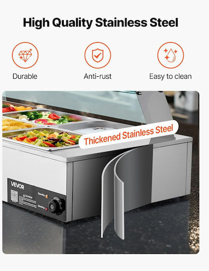 Vevor Commercial Food Warmer Electric Food Warmer Steam Stainless Steel 1700w Glass Cover Tabletop Bain Marie Buffet 8 Pans Soup Ladles & Slotted Catering Restaurant & Party