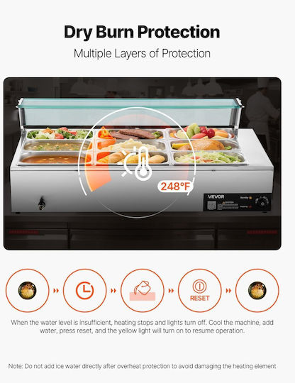 Vevor Commercial Food Warmer 1500w Electric Stainless Steel Steam Food Warmer Glass Cover Tabletop Buffet Bain Marie 9 Slots Soup Ladles & Slotted Catering Restaurant & Party