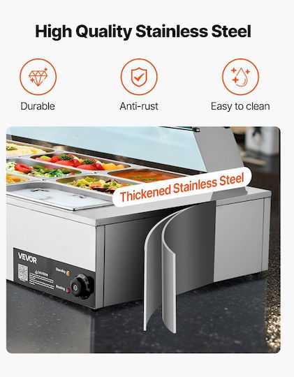 Vevor Commercial Food Warmer 1500w Electric Stainless Steel Steam Food Warmer Glass Cover Tabletop Buffet Bain Marie 9 Slots Soup Ladles & Slotted Catering Restaurant & Party