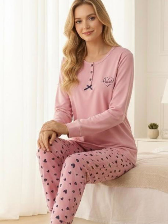Winter Damen Schlafanzug-Set Baumwoll Rosa