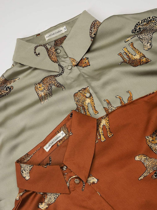 Long Sleeve Women's Satin Shirt Khaki