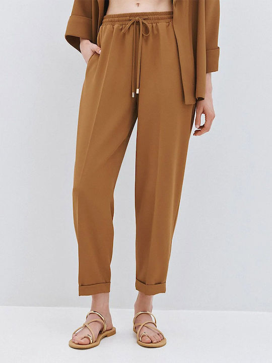 Women's Fabric Trousers with Rubber Band Brown