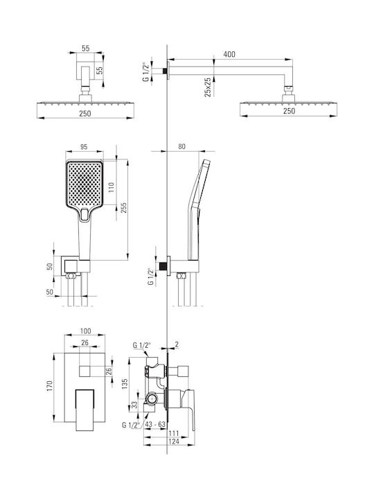 Deante Built-in Mixer & Shower Head Set for Shower Black
