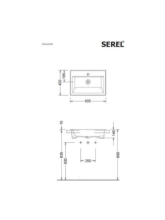 Serel Επικαθήμενος Νιπτήρας Πορσελάνης 60x42cm White