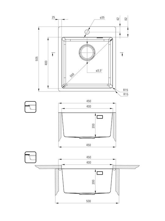 Deante Вграден Кухненски Мивка Inox Матиран 50.5x45см Златист