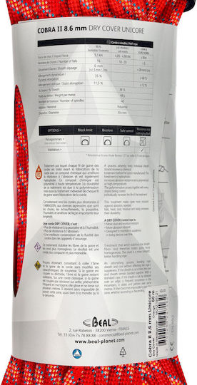 Beal Cobra II BC086C.60 Dynamic Climbing Rope with Length 60m Orange