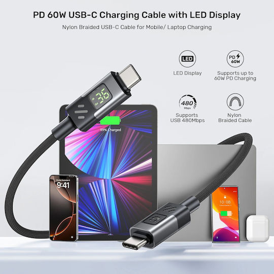 Unitek Braided / LED USB 2.0 Cable USB-C male - USB-C 60W PD 3m