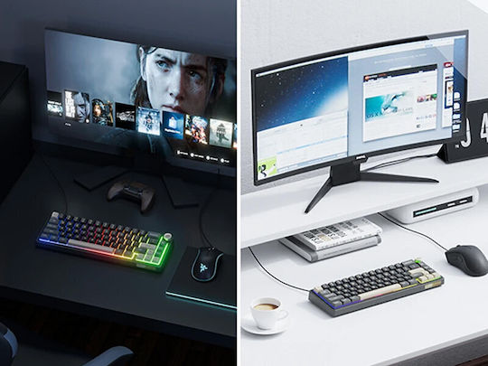 Royal Kludge R65 Tastatură Mecanică De Gaming Fără Fir Cu Comutatoare Chartreuse Și Iluminare RGB Limba Tastaturii Engleză SUA Negru/Maro